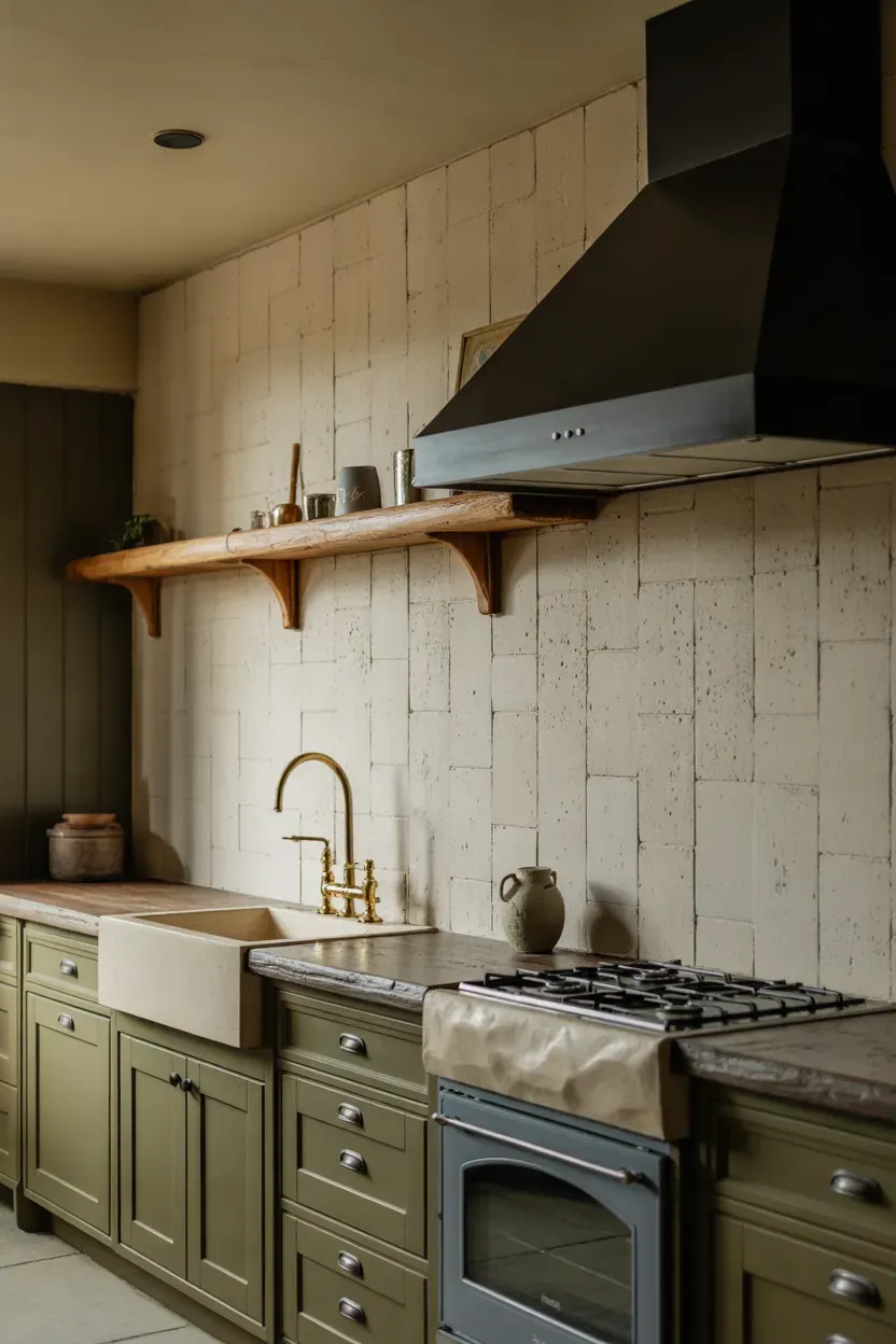 Moody farmhouse kitchen with textured limestone backsplash, dark cabinetry, oak shelves, and brass fixtures