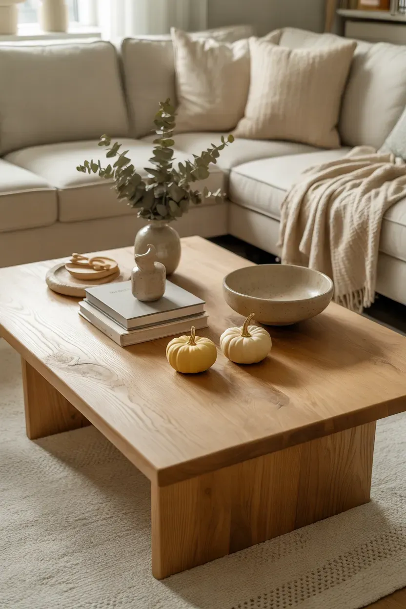 Light oak coffee table styled with cream pumpkins books and neutral autumn decor