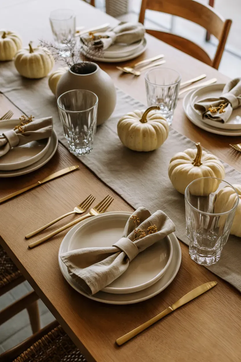 Neutral fall table setting with ivory plates linen napkins and natural wood accents