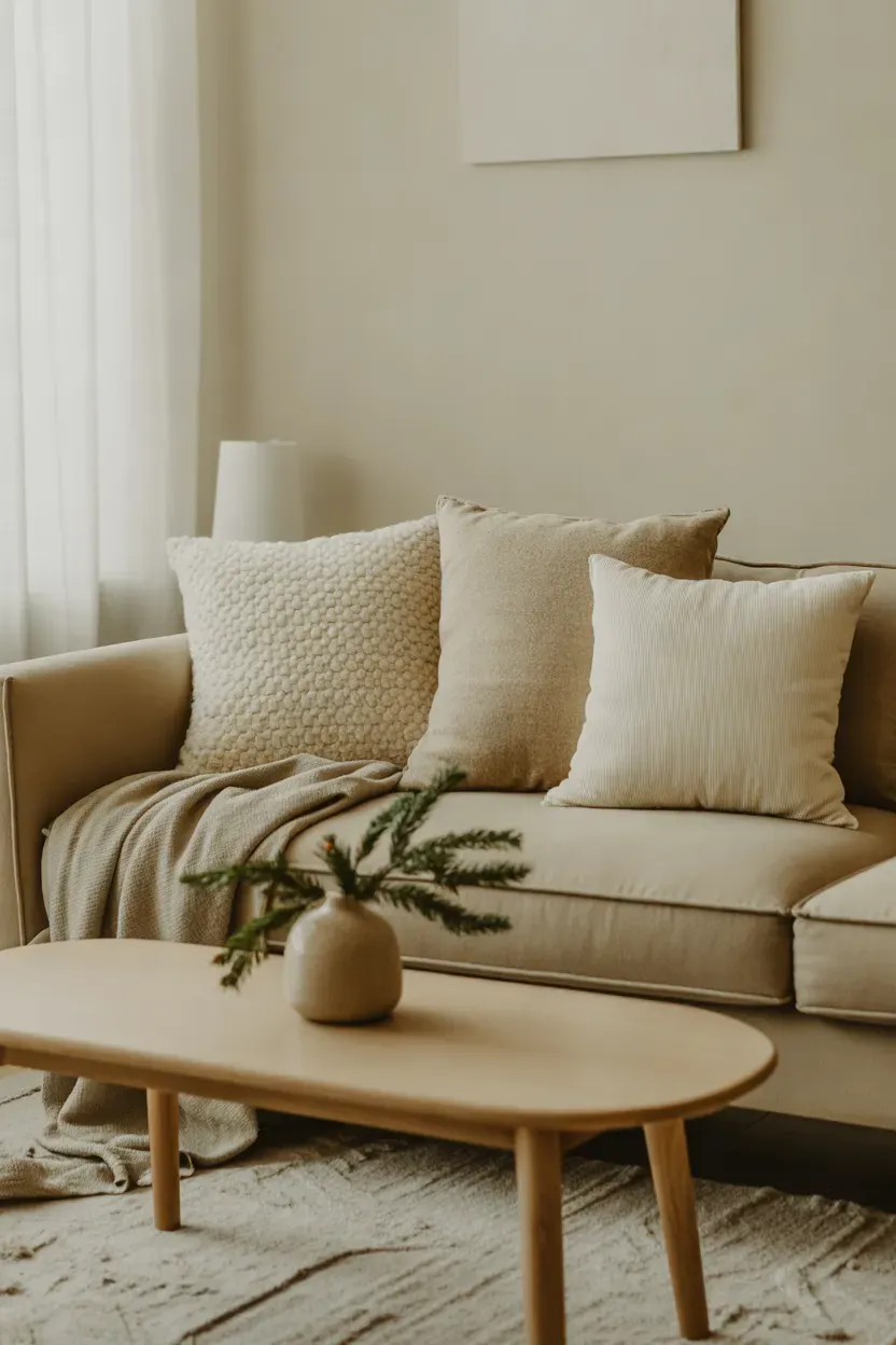 Cream and beige Christmas throw pillows arranged on a minimalist living room sofa with soft winter textures
