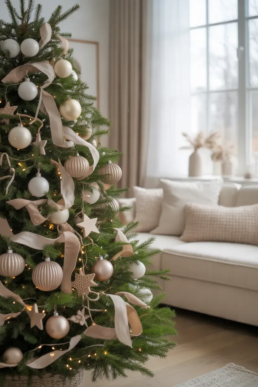 Sophisticated Christmas tree with ivory ornaments, beige ribbons, wooden decorations, and warm white lights