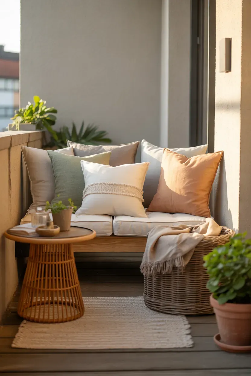 Small apartment balcony with layered beige cushions and soft neutral outdoor textiles