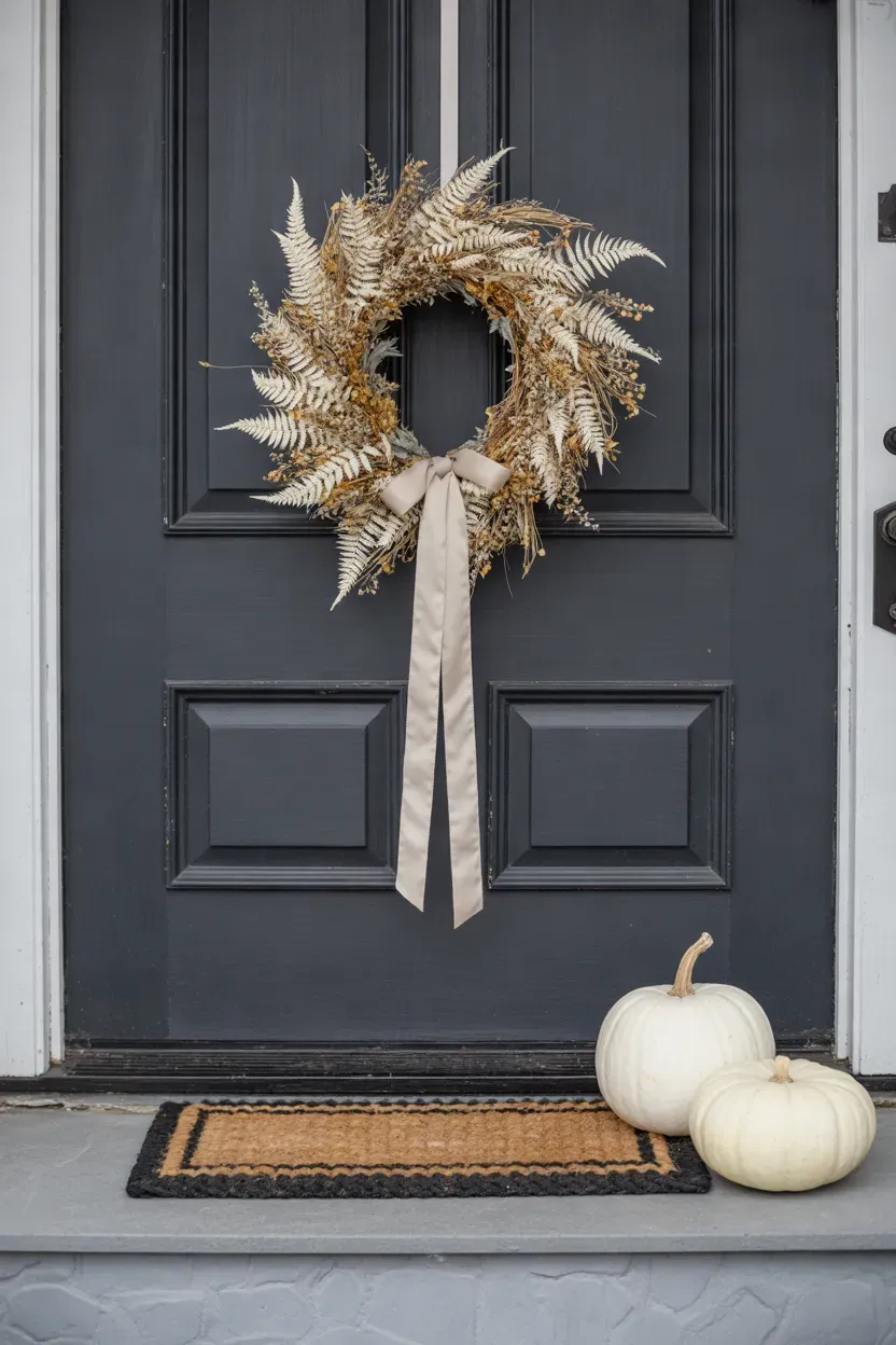 Loose dried wheat and bleached fern wreath hanging on a black front door
