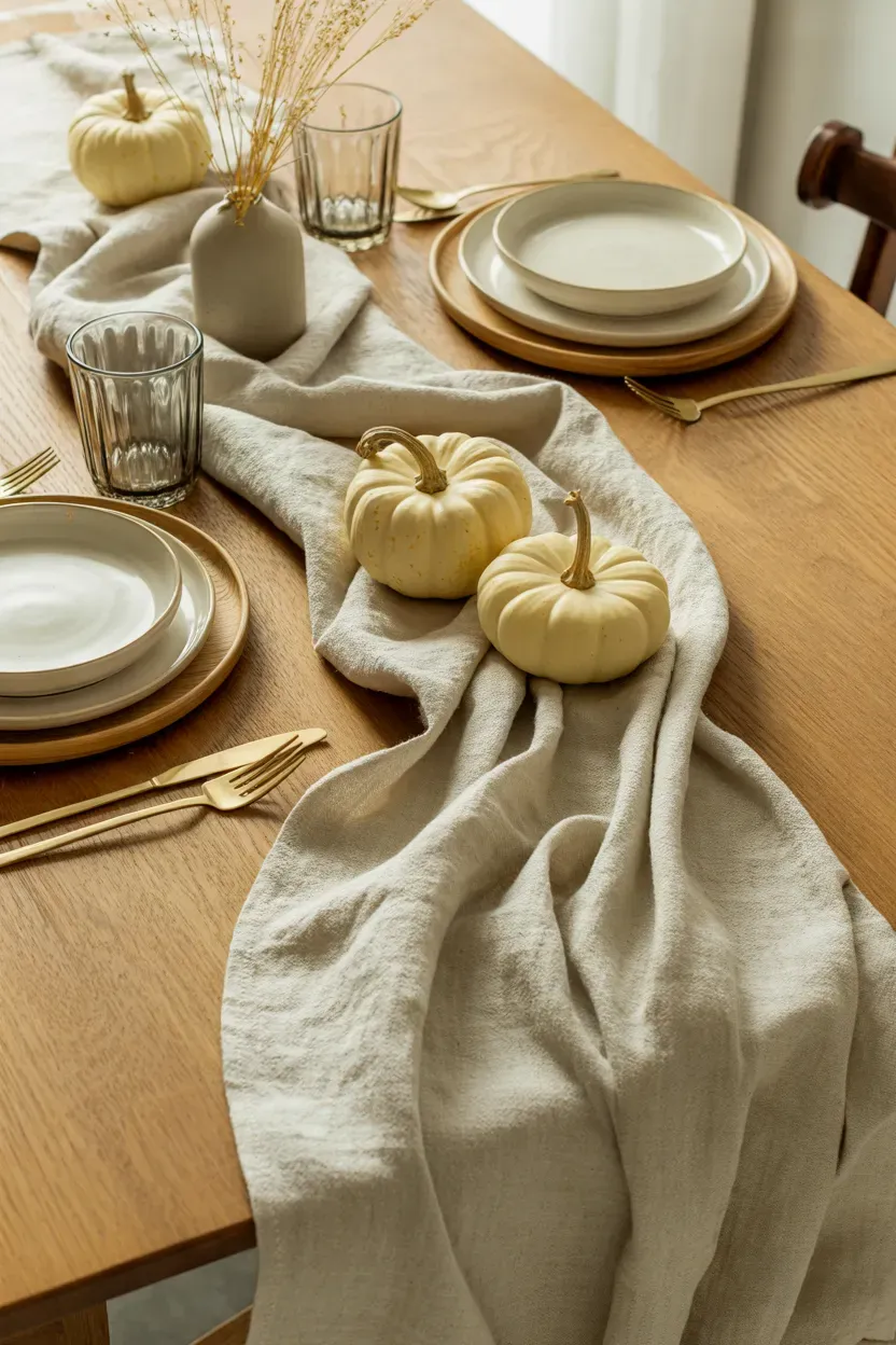 Natural oatmeal linen table runner styled with ivory pumpkins and simple autumn ceramics