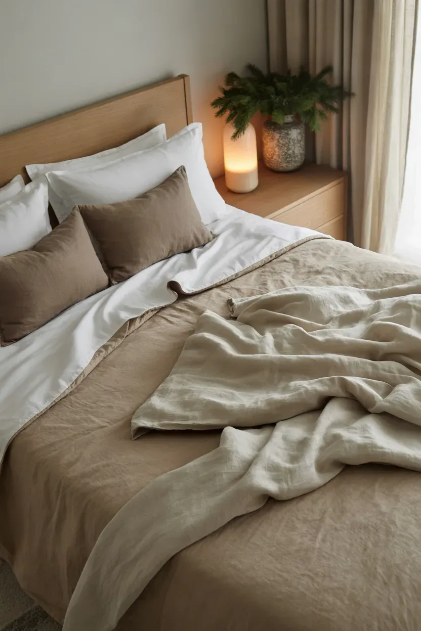 Beige winter bedding with cream quilts, taupe pillows, and subtle evergreen decorations