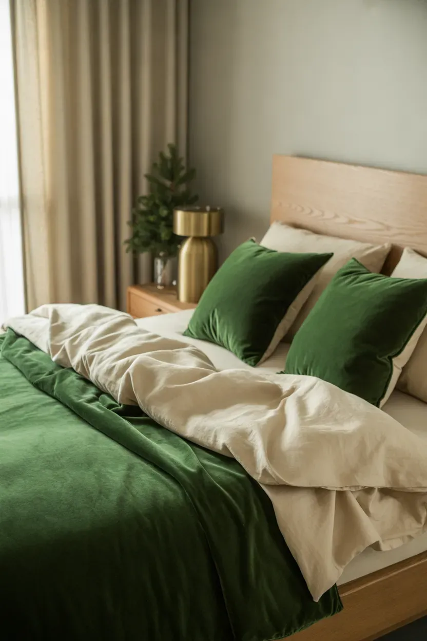 Cream Nordic Christmas bedding with red stars, pine trees, and cozy neutral layers
