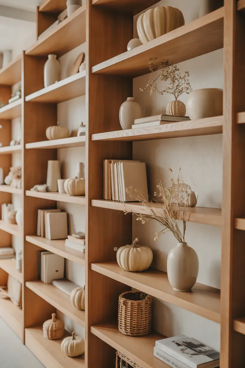 Neutral shelves styled with cream pottery dried wheat books and miniature white pumpkins