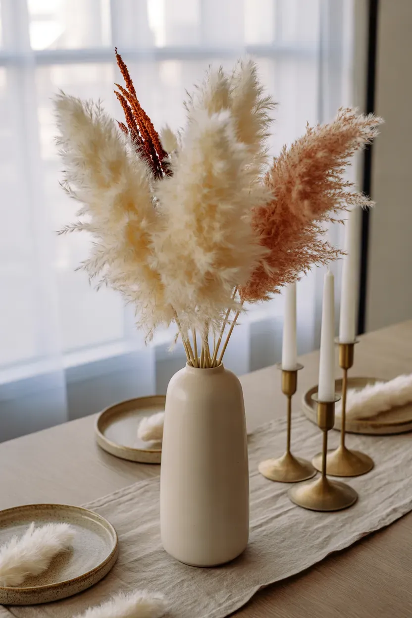Cream pampas grass plumes in a slim ceramic vase on a neutral Thanksgiving table