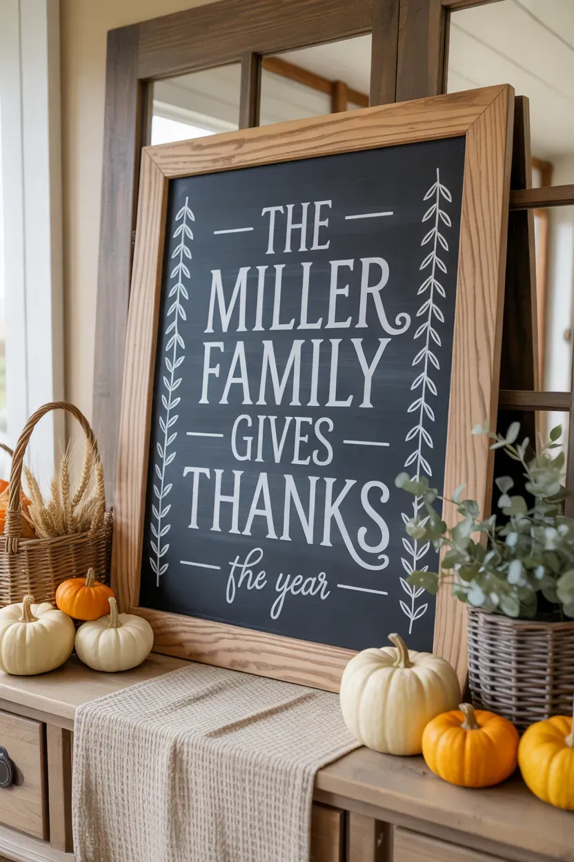 Personalized Thanksgiving chalkboard with family name gratitude message and autumn accents