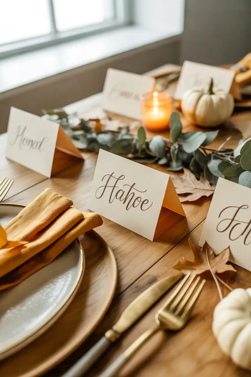 Handwritten Thanksgiving place cards beside cream plates, linen napkins, and miniature pumpkins