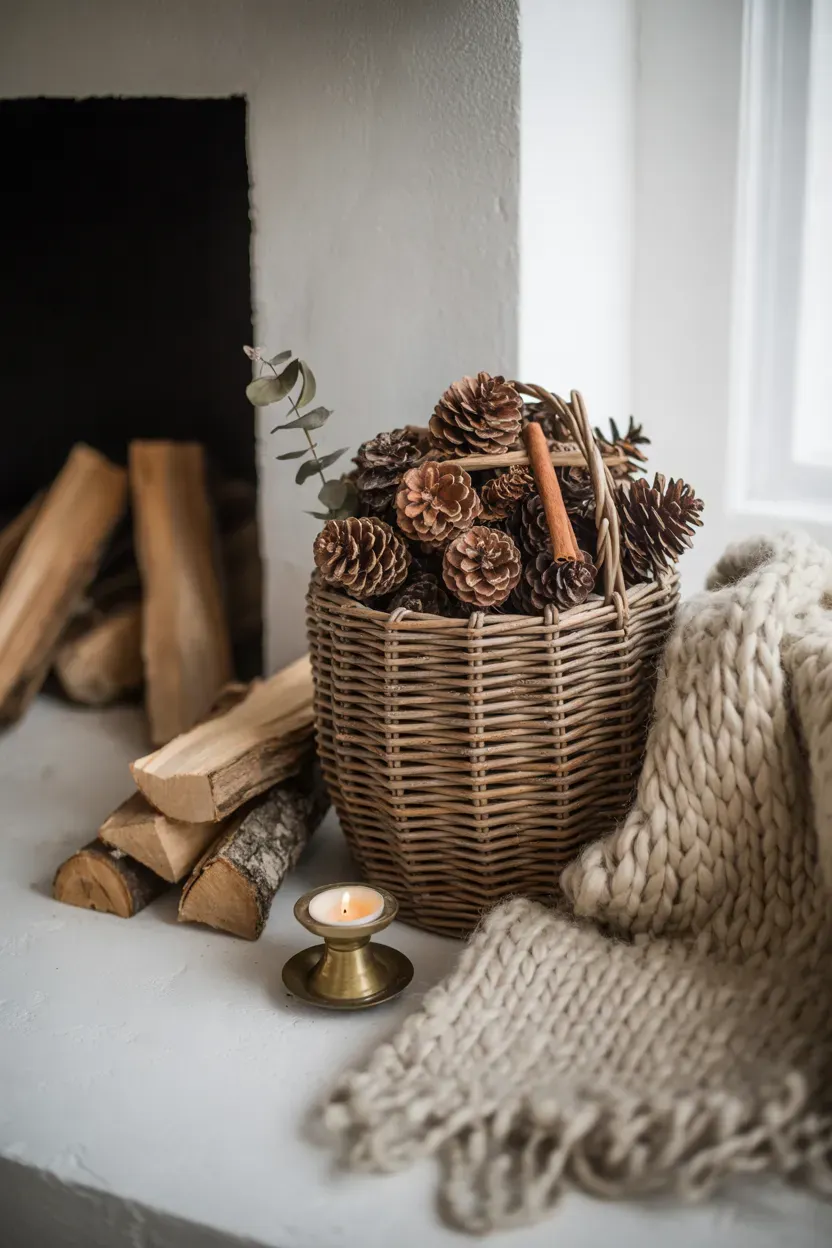 Deep rattan basket filled with pinecones beside a fireplace with a wool blanket