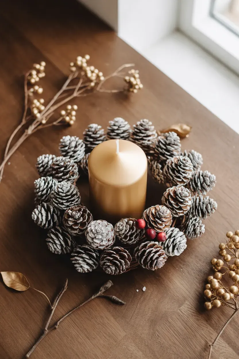 Frosted pinecone wreath ring around a cream pillar candle on a Thanksgiving table