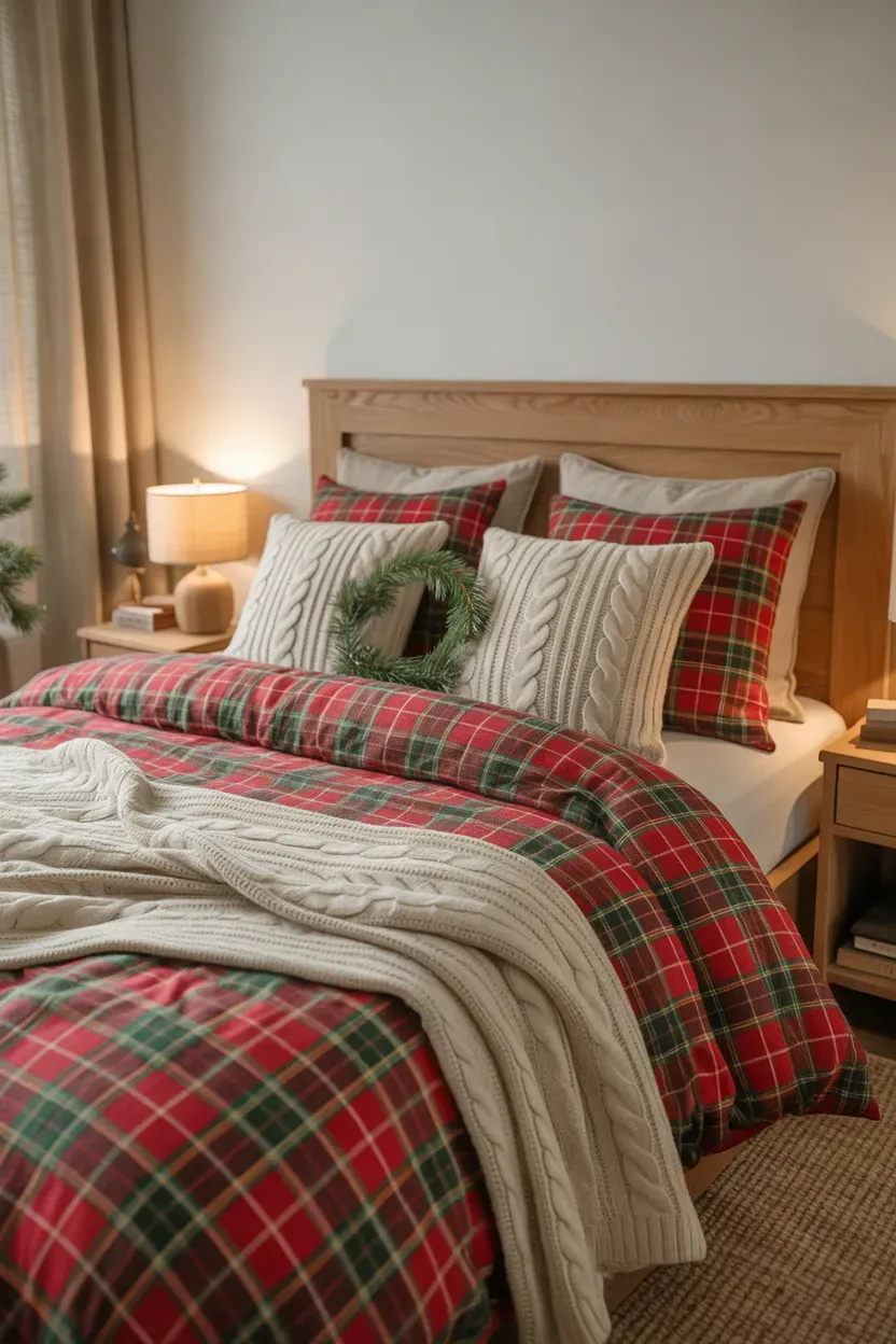 Red green plaid bedding with cream cable knit pillows and chunky ivory Christmas blanket