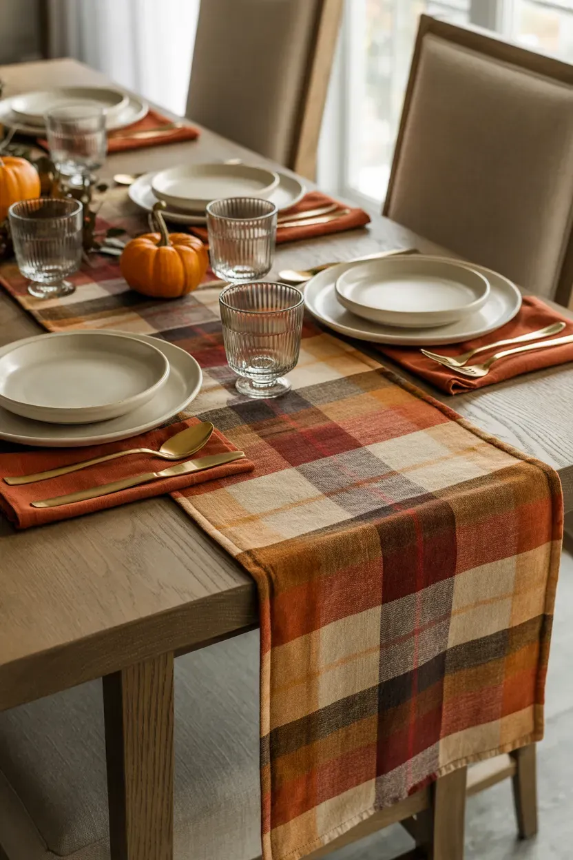 Thanksgiving table with a warm plaid runner, cream plates, rust napkins, and mini pumpkins