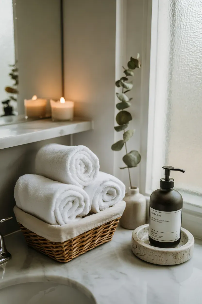 Modern guest bathroom with rolled white towels, stone soap dish, and dried eucalyptus
