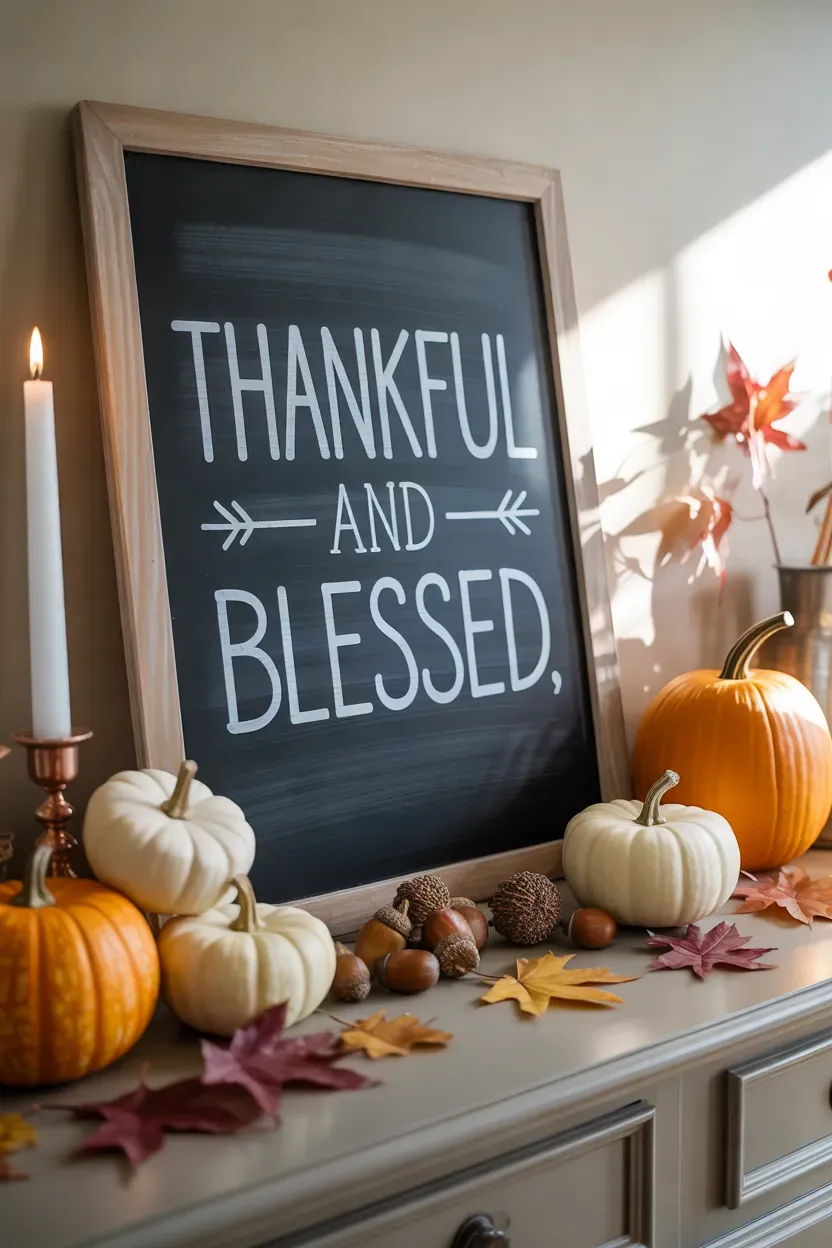 Black chalkboard decorated with pumpkins autumn leaves and festive white lettering