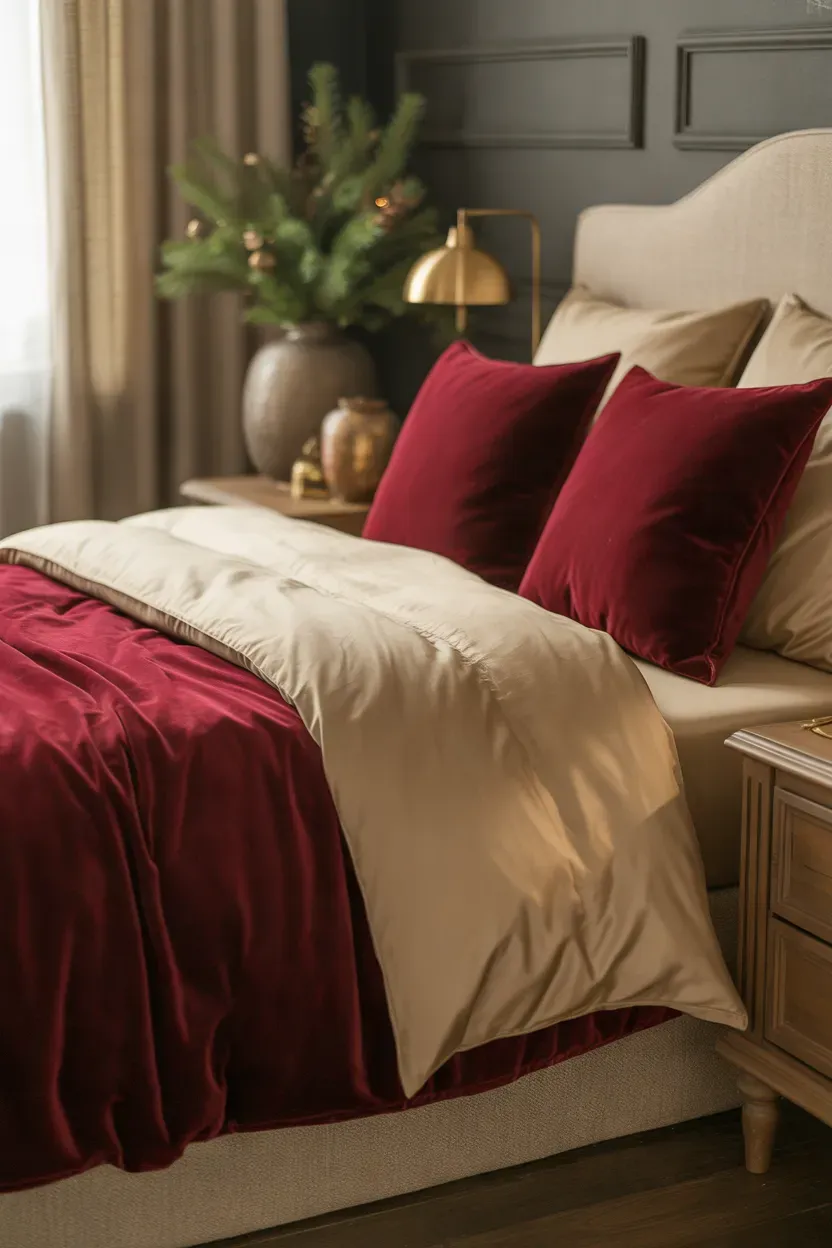 Cream Christmas duvet with red velvet pillows, burgundy bed runner, and warm brass lighting