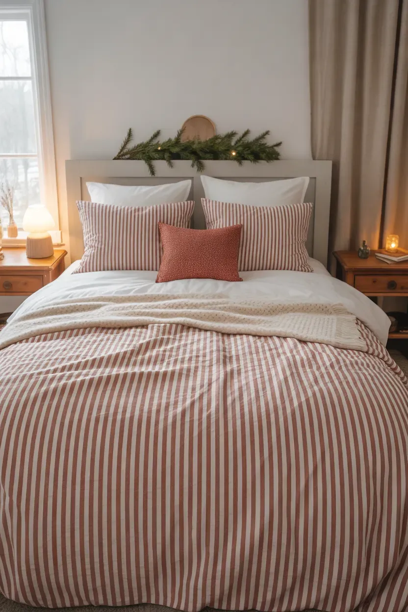 Red and white striped Christmas duvet with white pillows and cozy cream knitted blanket