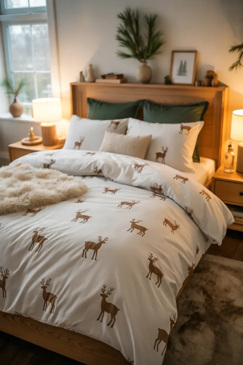 Ivory reindeer Christmas bedding with forest green pillows and fluffy cream blanket