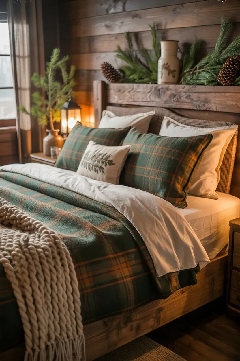Rustic cabin Christmas bedding with forest green plaid, cream flannel, and wooden furniture