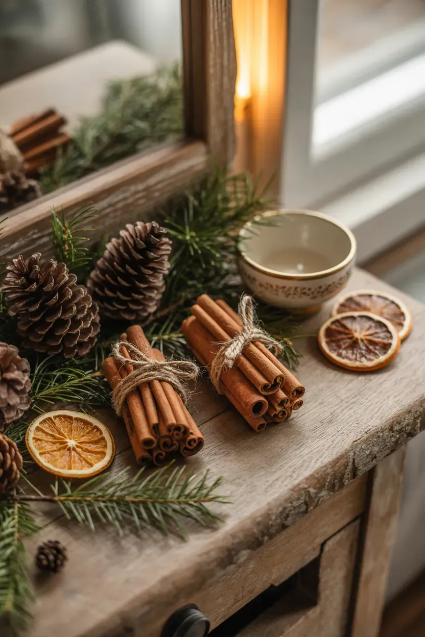 Cinnamon stick bundles tied with jute twine beside pinecones dried oranges and evergreen branches