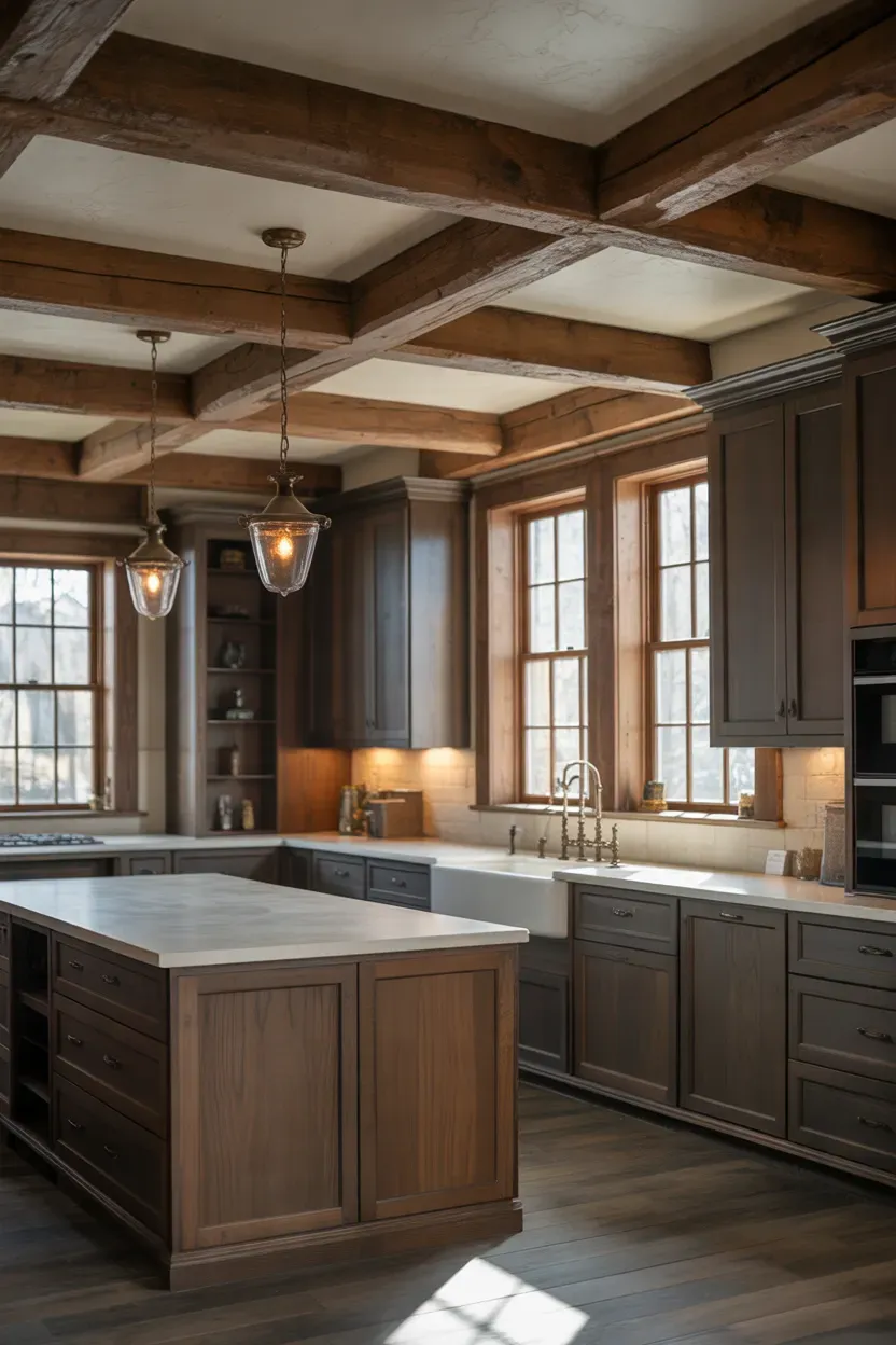 Farmhouse kitchen with reclaimed timber ceiling beams, dark cabinets, and warm pendant lights