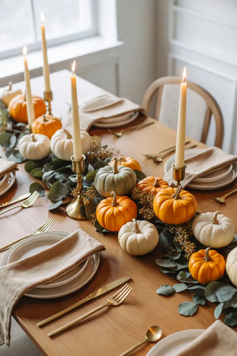 Rustic Thanksgiving table with mini pumpkins, autumn leaves, linen napkins, and candlelight