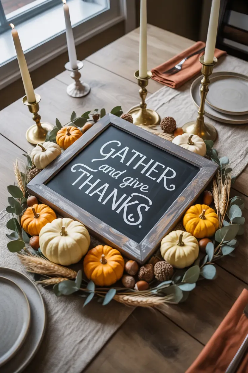 Small Thanksgiving chalkboard centerpiece surrounded by pumpkins candles and autumn greenery