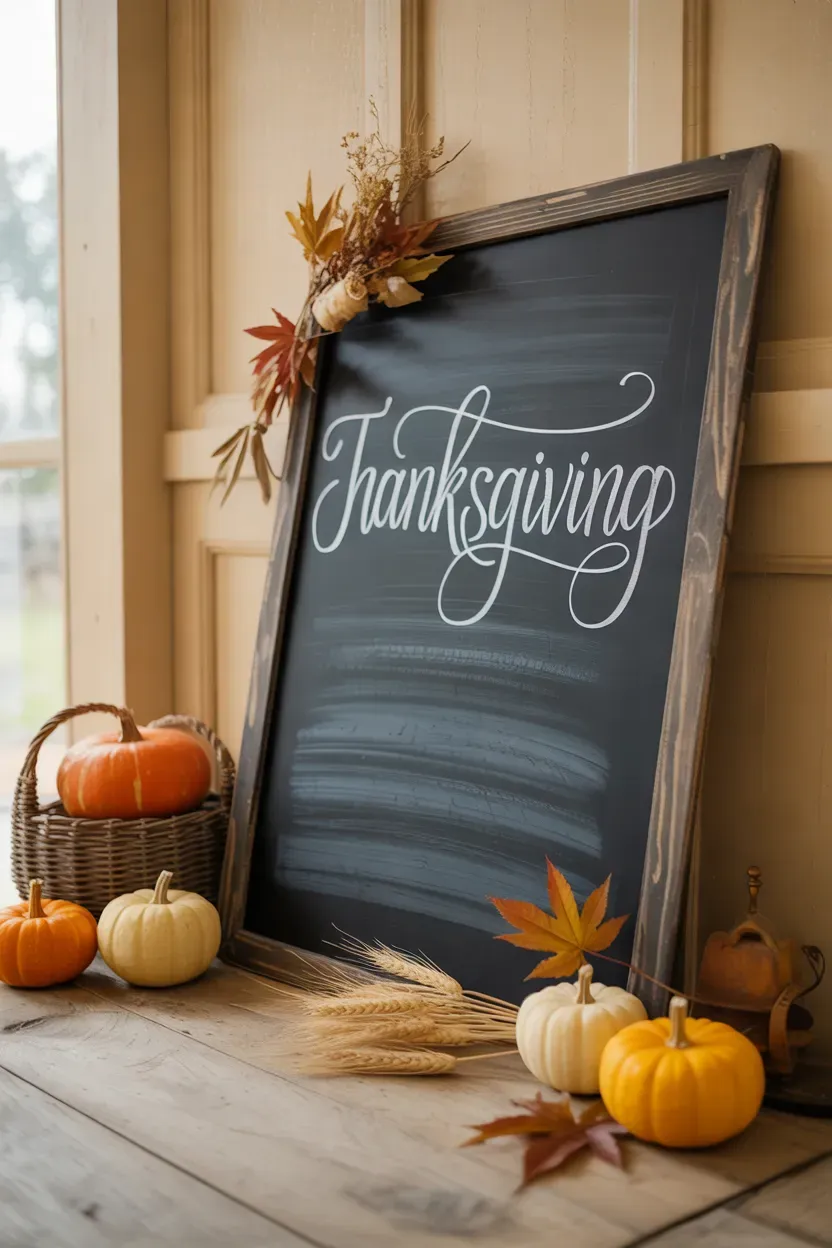 Rustic Thanksgiving chalkboard with handwritten lettering pumpkins and autumn foliage