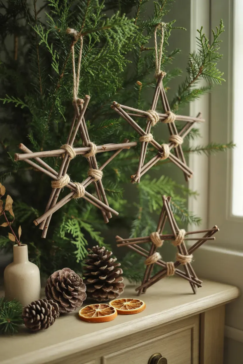 Handmade rustic twig stars displayed on evergreen branches with linen ribbon and pinecones