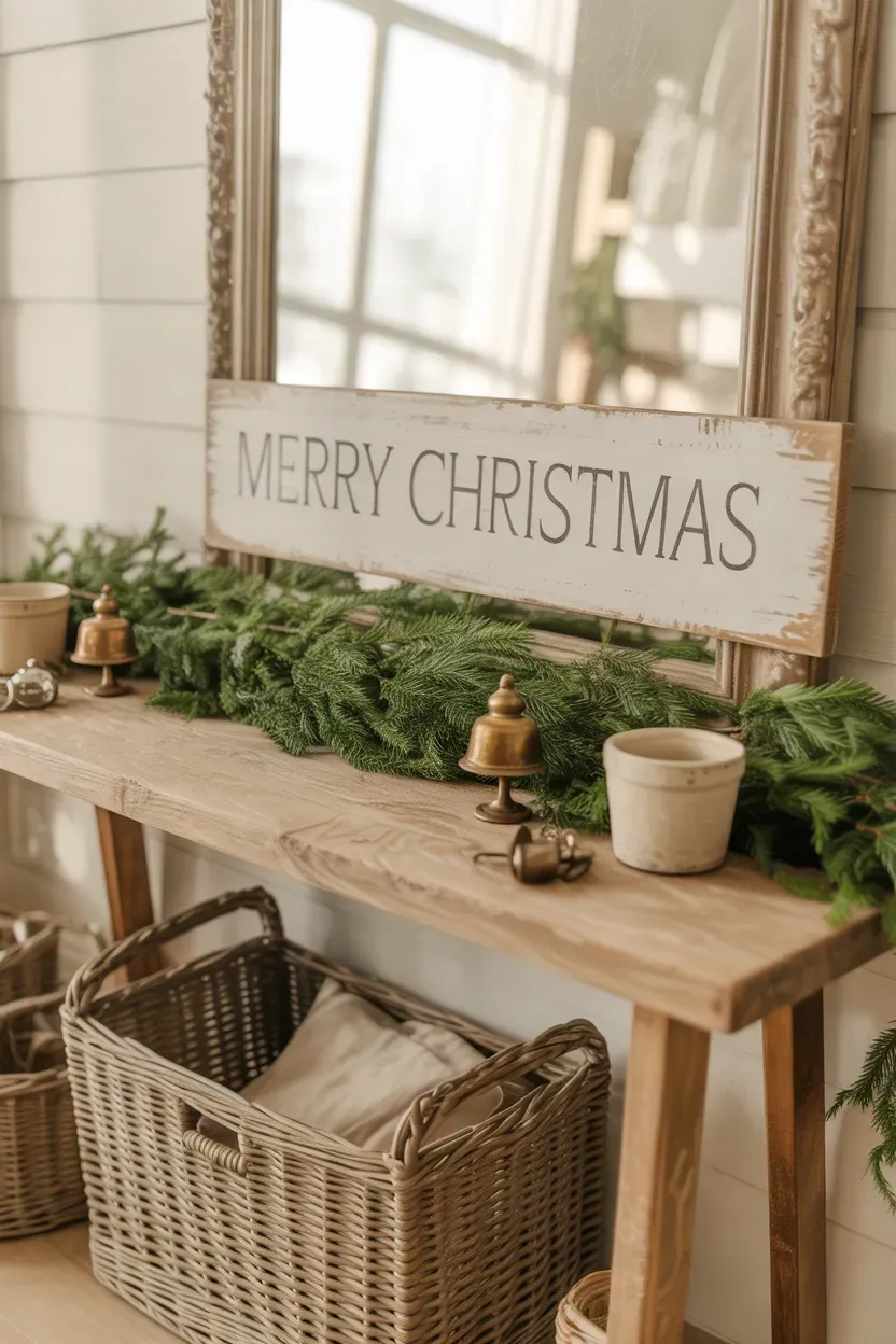 Rustic wooden Christmas signs styled with pine greenery and neutral holiday accents