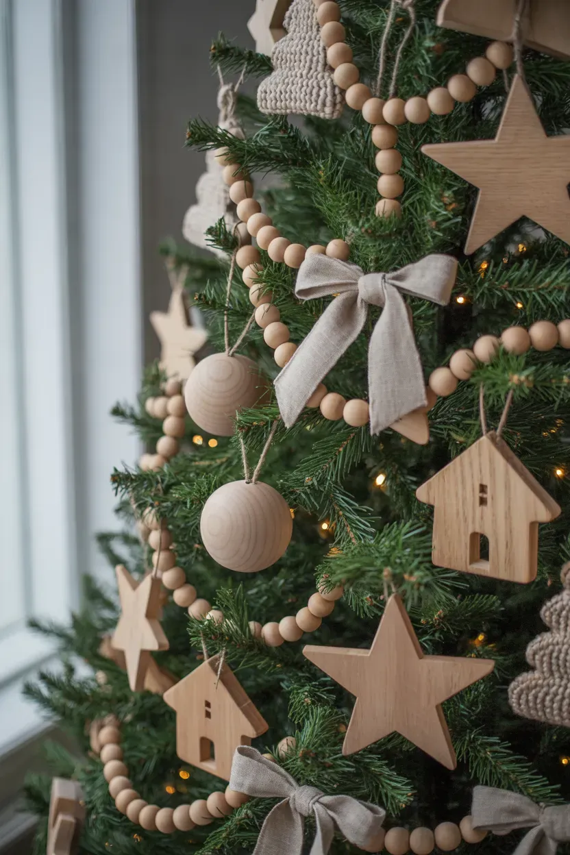 Natural wooden Christmas ornaments hanging from a green tree with linen ribbons