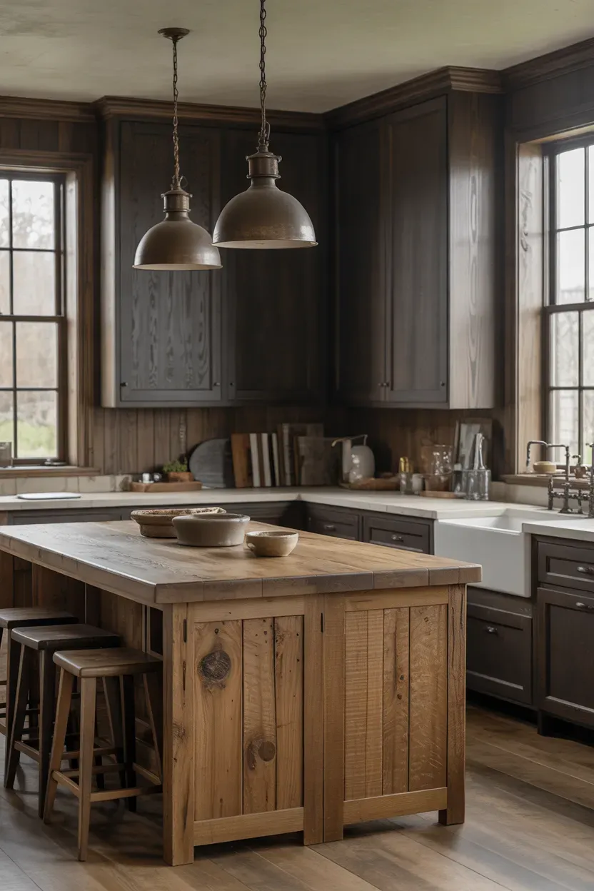 Moody farmhouse kitchen with reclaimed timber island, dark cabinets, brass pendants, and stone counters