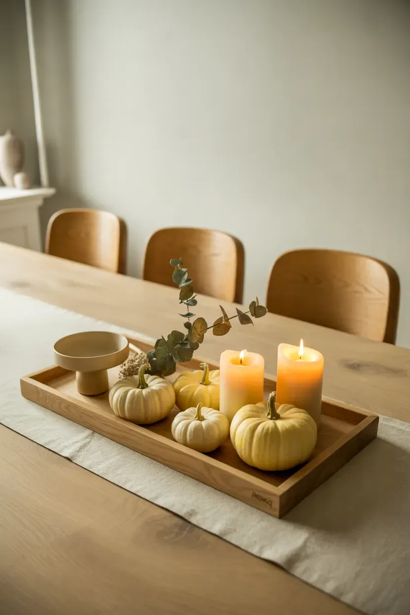 Rustic wooden tray styled with cream pumpkins candles and autumn foliage