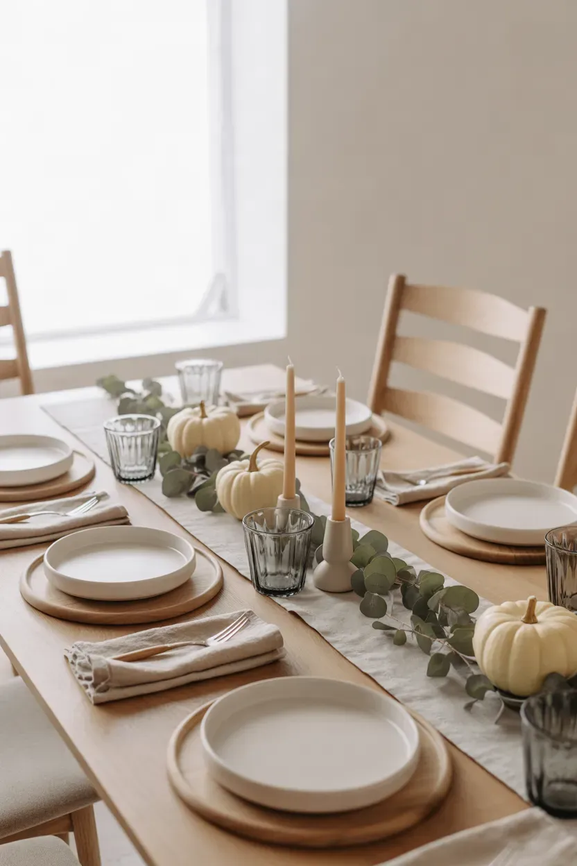 Scandinavian Thanksgiving table with white dinnerware, beige linens, wooden accents, and eucalyptus greenery