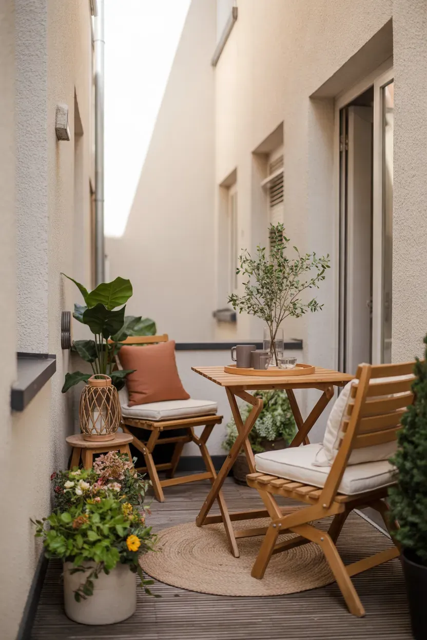 Small apartment balcony with seasonal cushions, potted flowers, and warm decorative accents