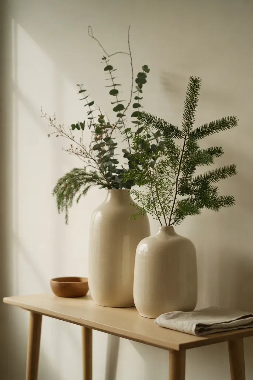Matte ivory ceramic vases filled with evergreen branches on a minimalist Christmas console table
