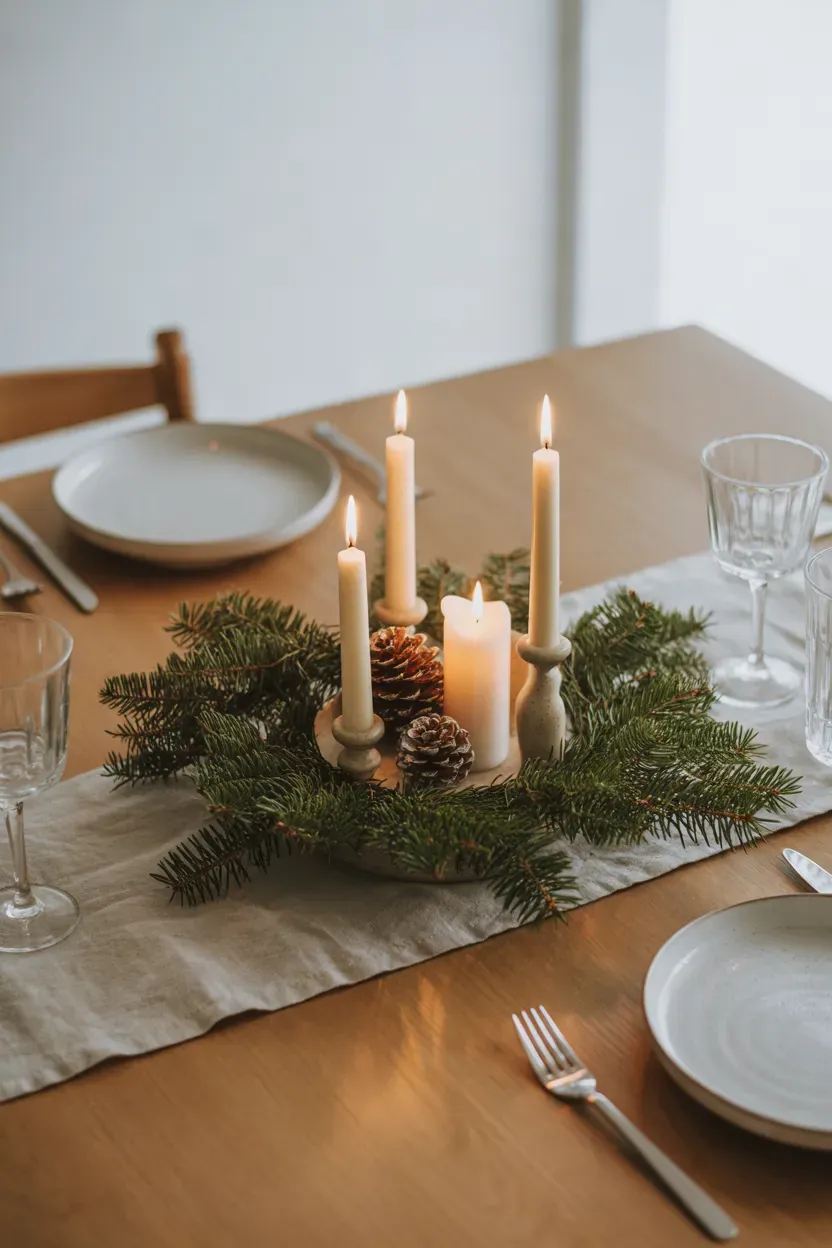 Low Christmas centerpiece with evergreen sprigs, ivory candles, and natural ceramic accents on a wooden dining table