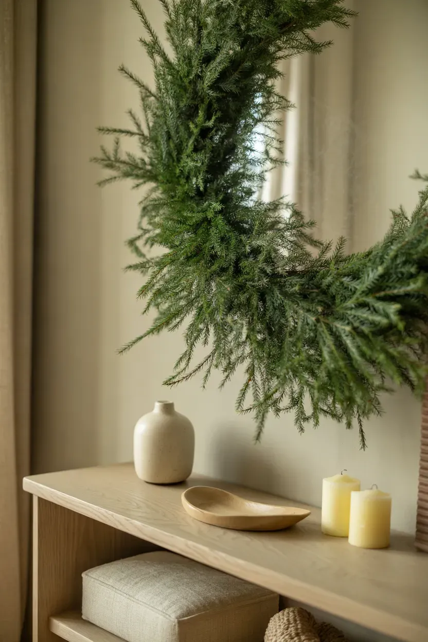 Minimal evergreen garland draped over a neutral console table with subtle candles and natural wood accents