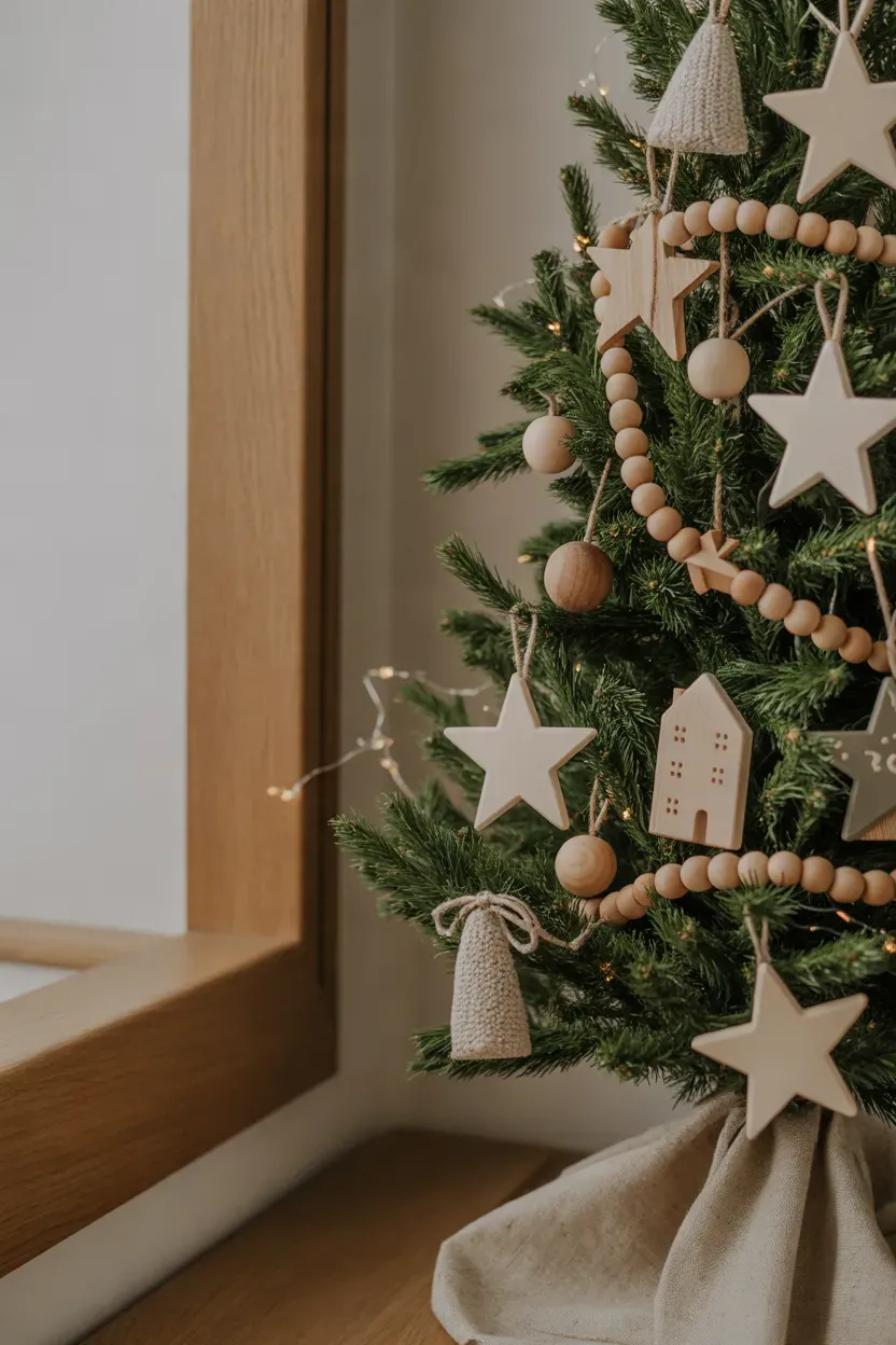 Natural wooden Christmas ornaments hanging from green branches on a minimalist holiday tree