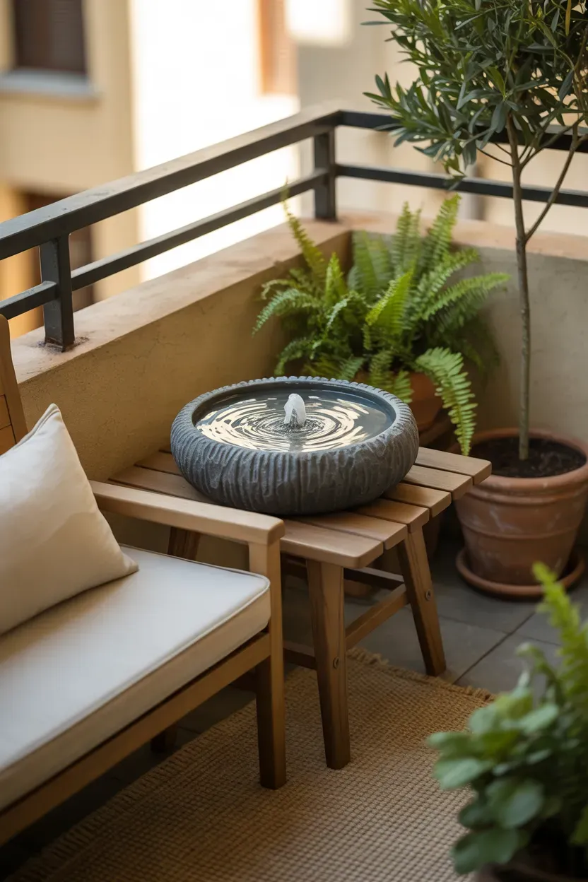 Compact apartment balcony with a tabletop water fountain, potted plants, and natural textures