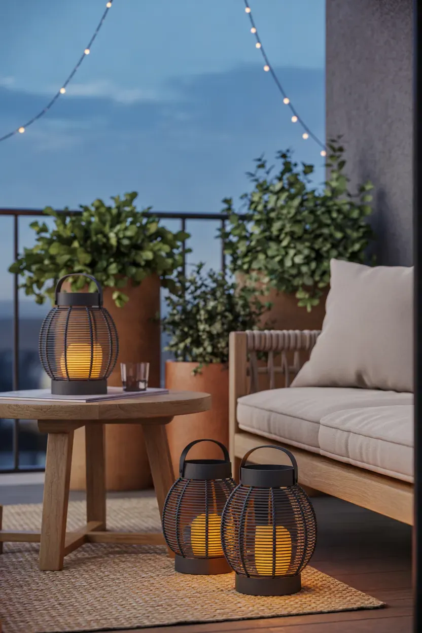 Small apartment balcony with glowing outdoor lanterns and warm neutral seating