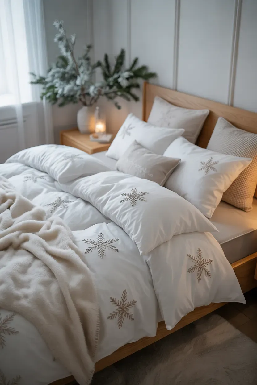 White Christmas bedding with delicate snowflakes, ivory pillows, and soft winter textures