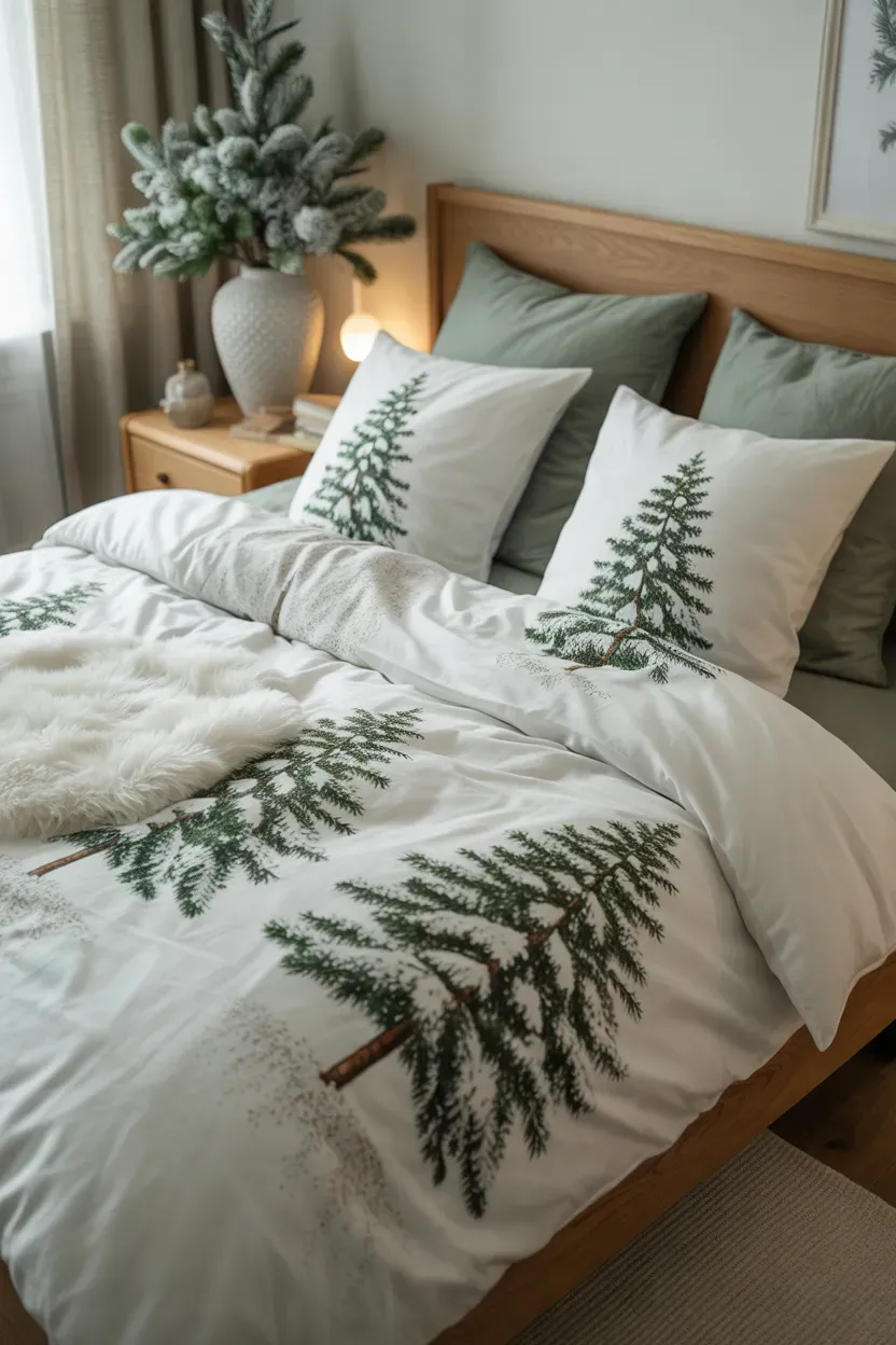 Snowy pine tree Christmas bedding with sage pillows and a soft white faux fur blanket