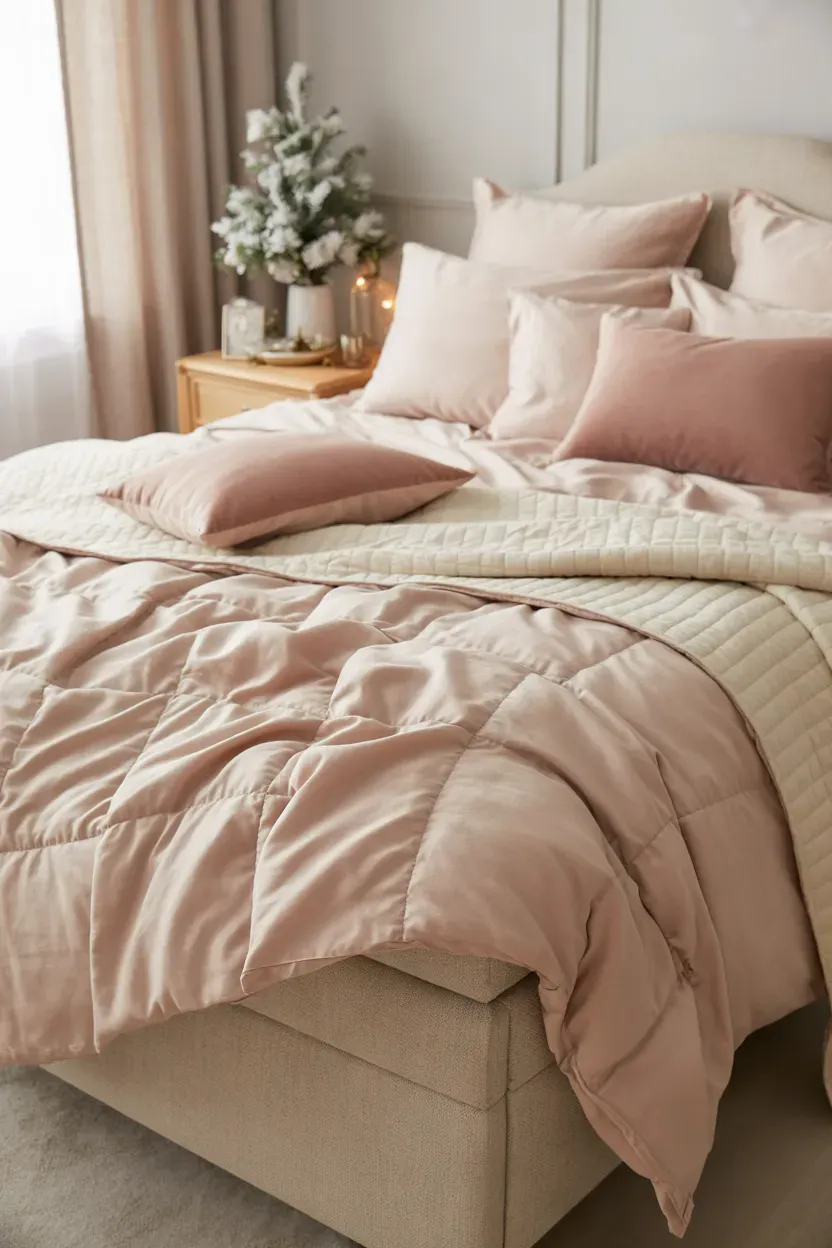 Blush pink Christmas bedding with ivory layers, dusty rose pillows, and frosted evergreen accents