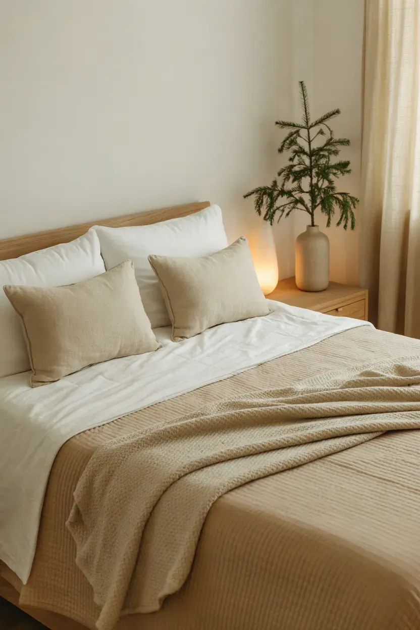 Minimalist Christmas bedroom with ivory bedding, beige knit blanket, subtle evergreen branches, and warm bedside lighting