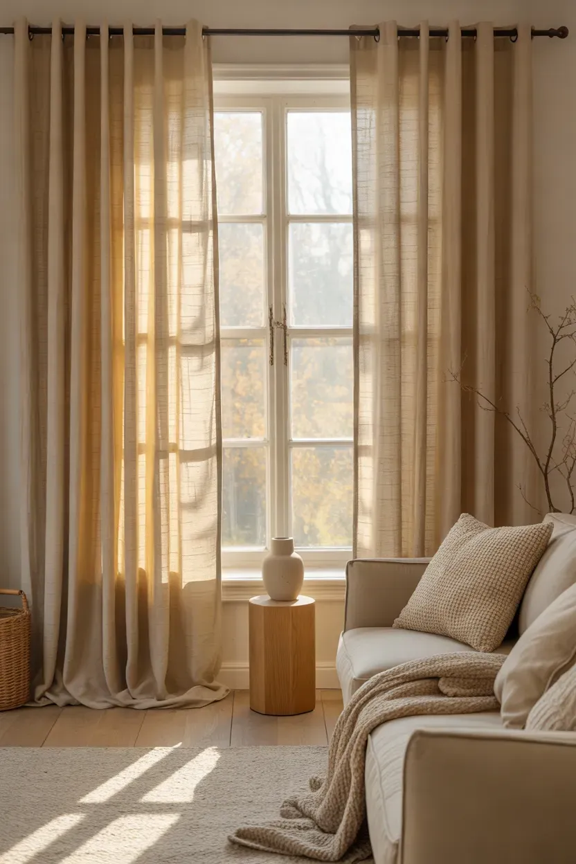 Flowing ivory linen curtains framing a cozy autumn living room window