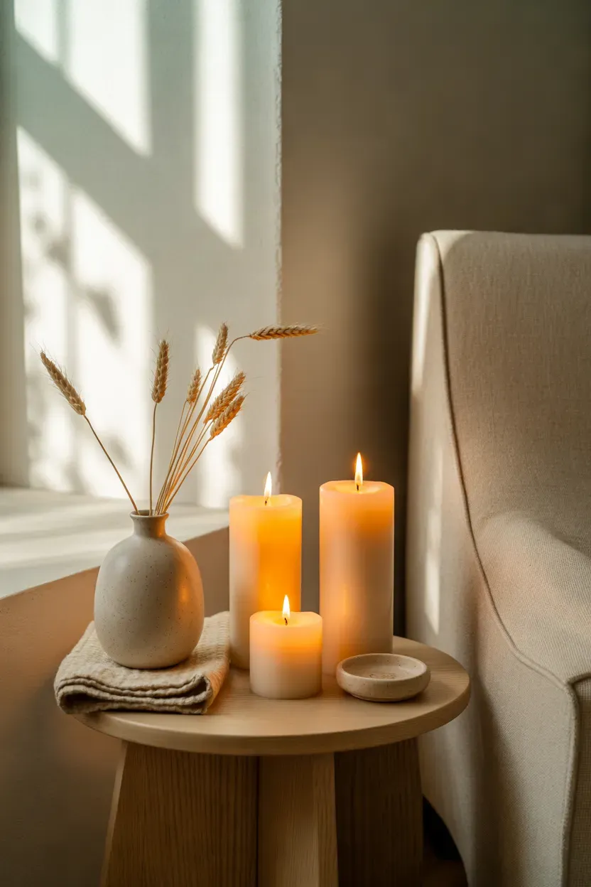 Warm taupe accent wall behind an ivory sofa with understated autumn accessories