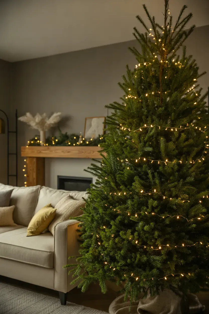 Warm white Christmas fairy lights glowing across an evergreen tree beside a cream sofa and neutral holiday decor