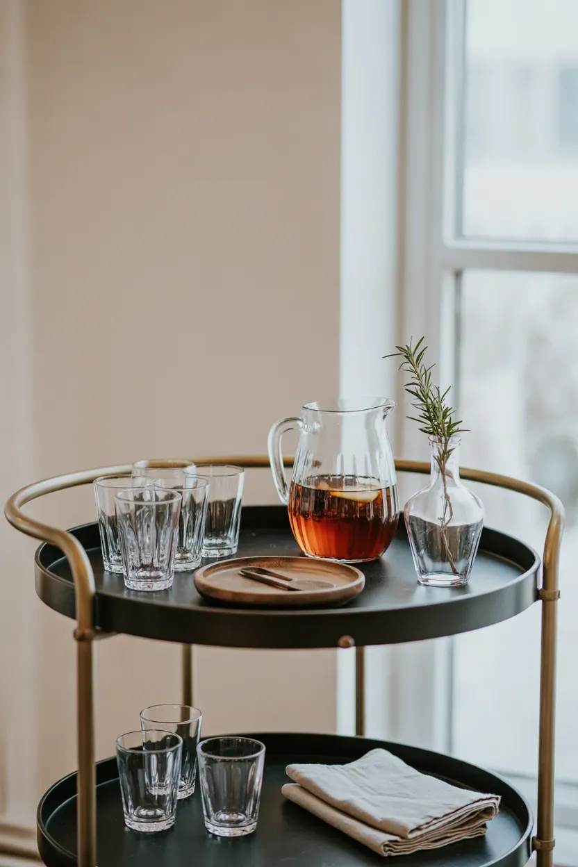 Modern black and brass bar cart styled with glasses and a pitcher for Thanksgiving
